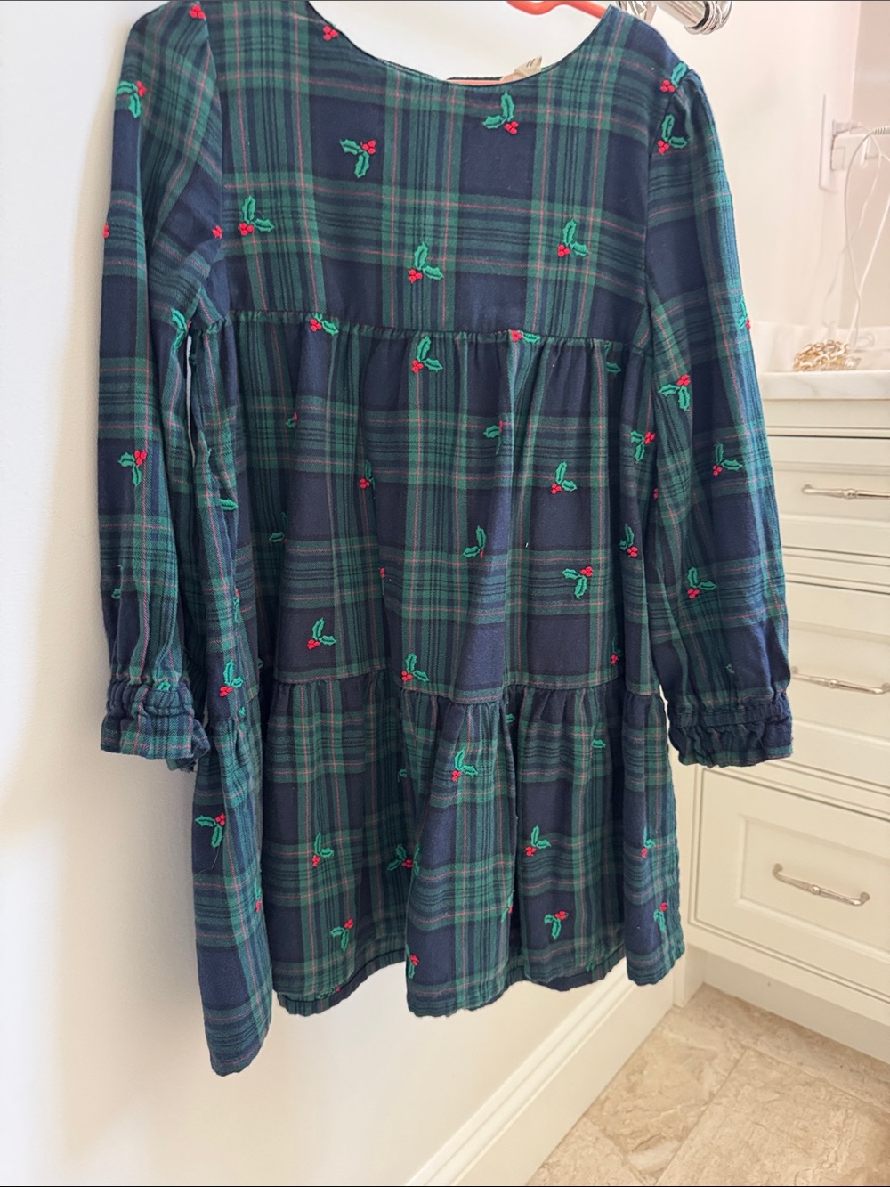 Mini Boden Navy and Green Plaid Tiered Dress with Red Cherry Embroidery
